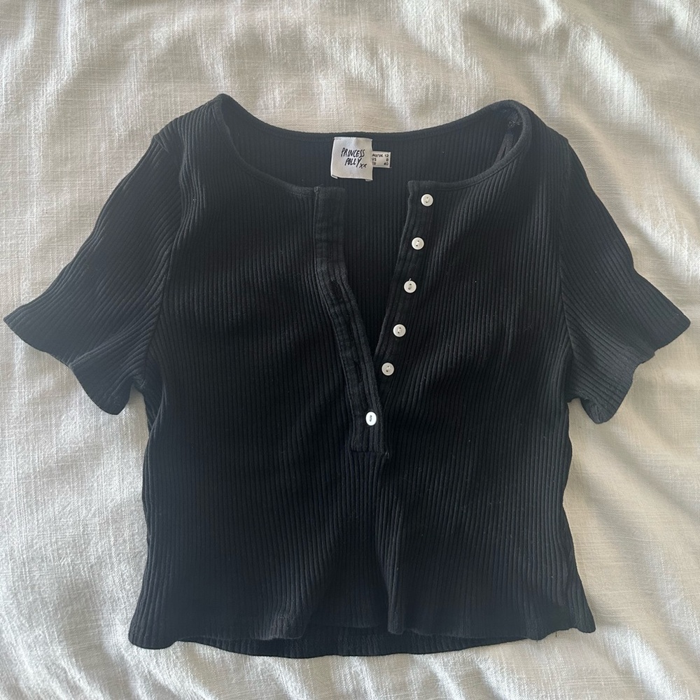 Princess Polly Black Ribbed Button-Up Blouse